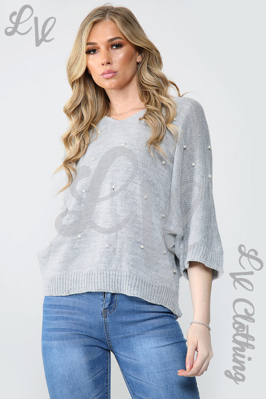 Silver grey knit jumper with pearl stud neckline and sleeves