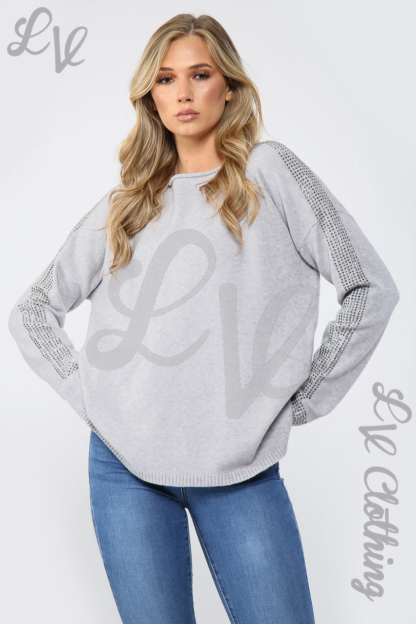 Ladies Sequin Sleeve Detail Jumper Silver - Unit Price £17.99