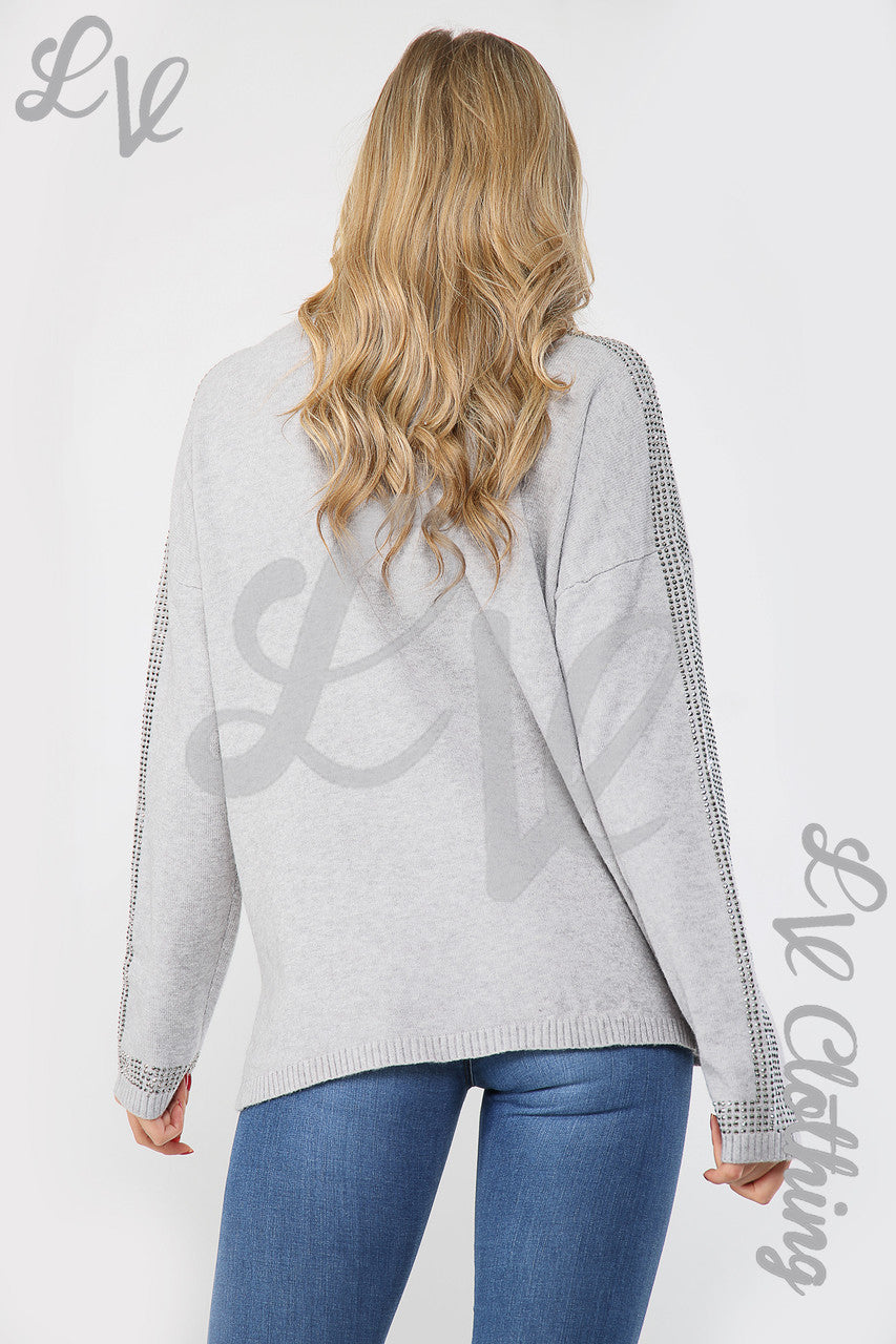 Ladies Sequin Sleeve Detail Jumper Silver - Unit Price £17.99
