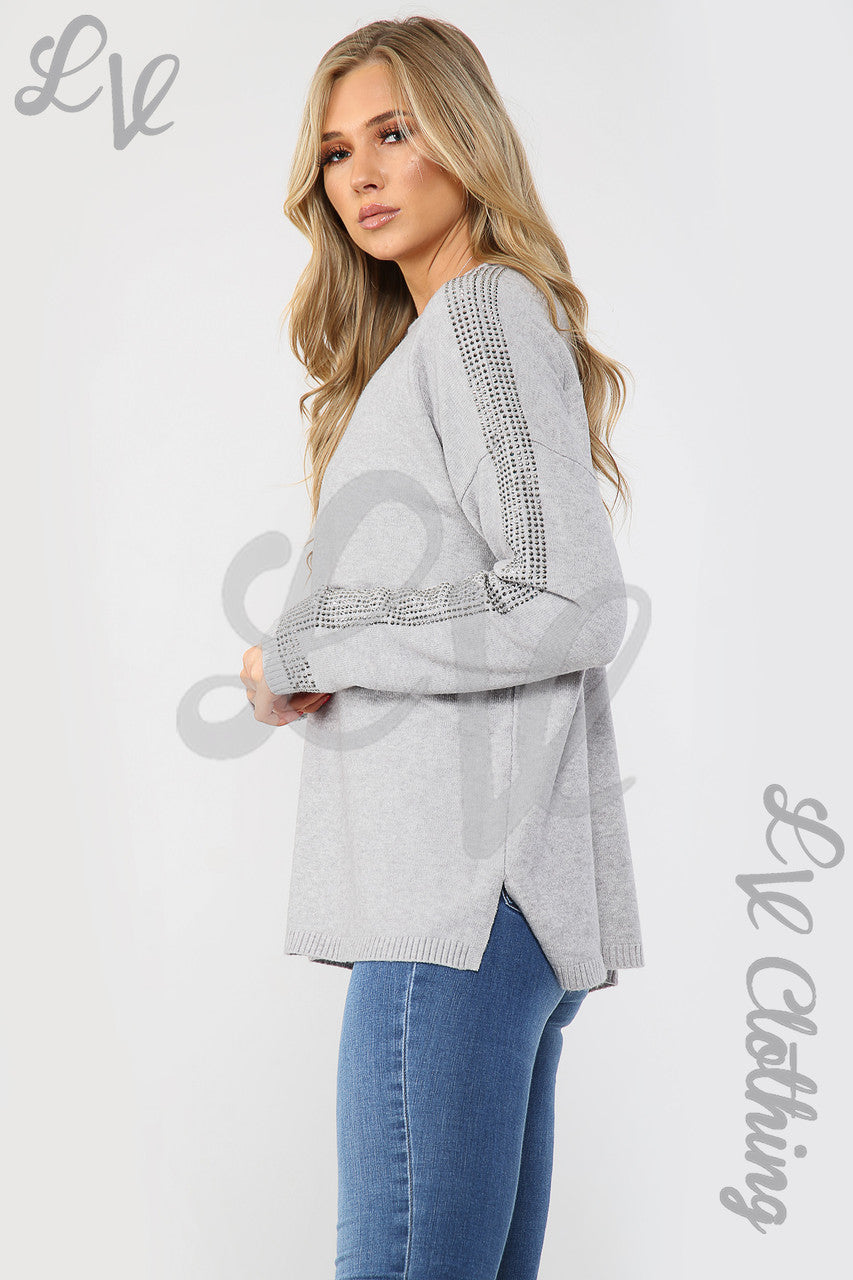 Ladies Sequin Sleeve Detail Jumper Silver - Unit Price £17.99