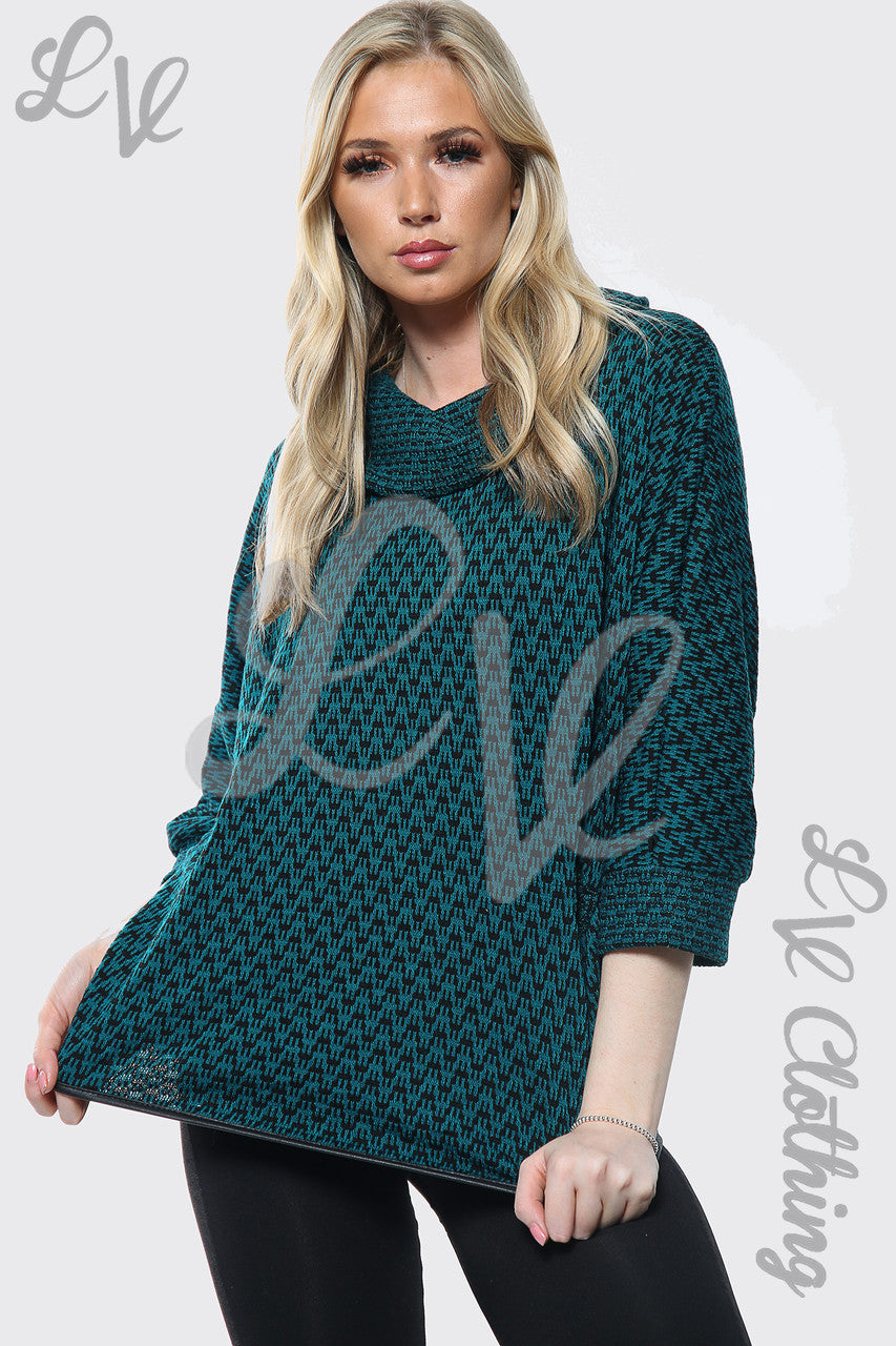 Ladies Cowl Neck Dogtooth Print Jumper Teal Unit Price £10.99
