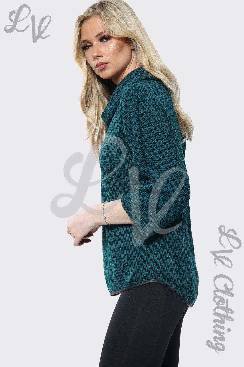 Ladies Cowl Neck Dogtooth Print Jumper Teal Unit Price £10.99