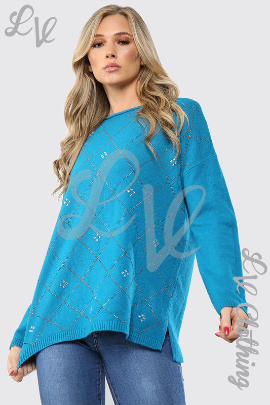 Teal sequin diamond detail jumper, relaxed fit, front view