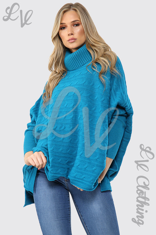 Teal cowl neck cable-knit batwing jumper with ribbed cuffs and hem