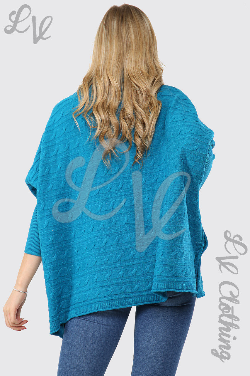 Dames kabelgebreide vleermuismouwentrui met colkraag, groenblauw - Eenheidsprijs € 17,99