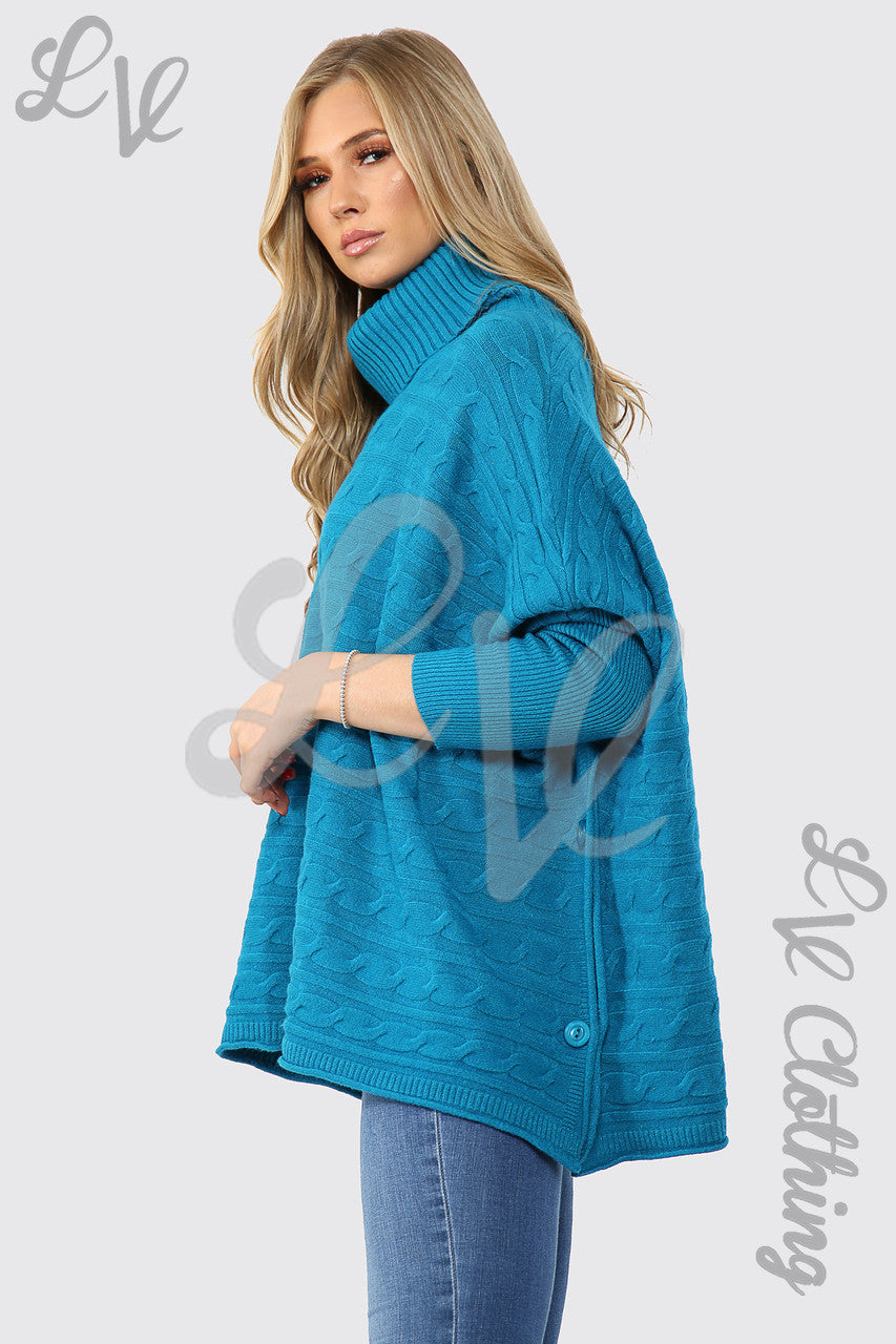 Dames kabelgebreide vleermuismouwentrui met colkraag, groenblauw - Eenheidsprijs € 17,99