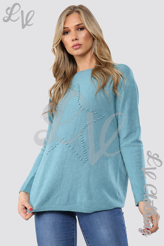 Women’s blue star-print jumper with long sleeves and crew neck
