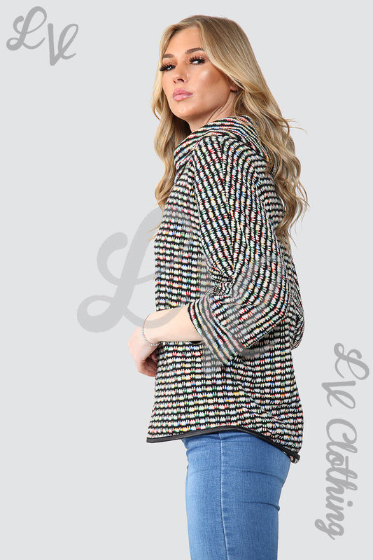 Multicoloured cowl neck knit jumper, 3/4 sleeves, side view