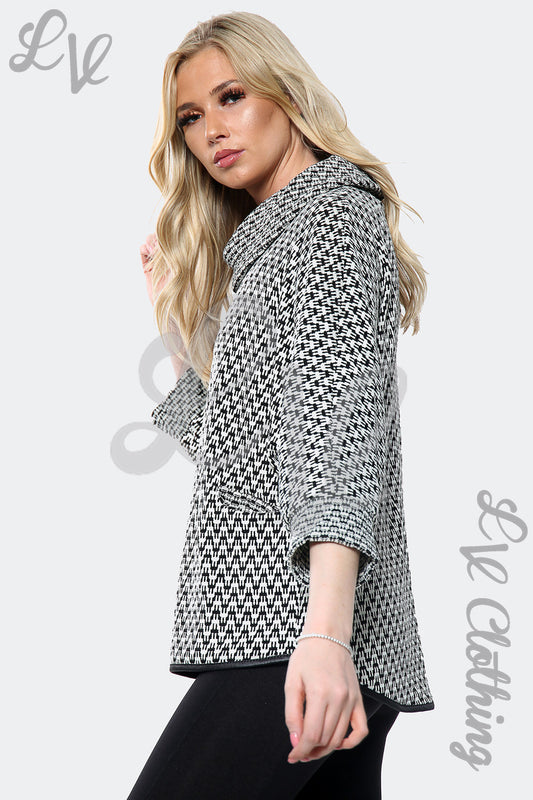 Women’s cowl neck dogtooth print jumper, black-and-white knit, 3/4 sleeves