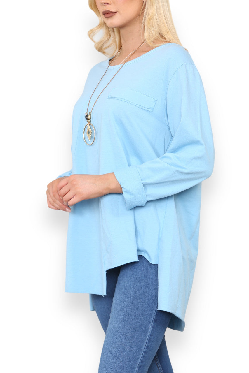 HANKY HEM COTTON SWEATSHIRT TOP LIGHT BLUE
