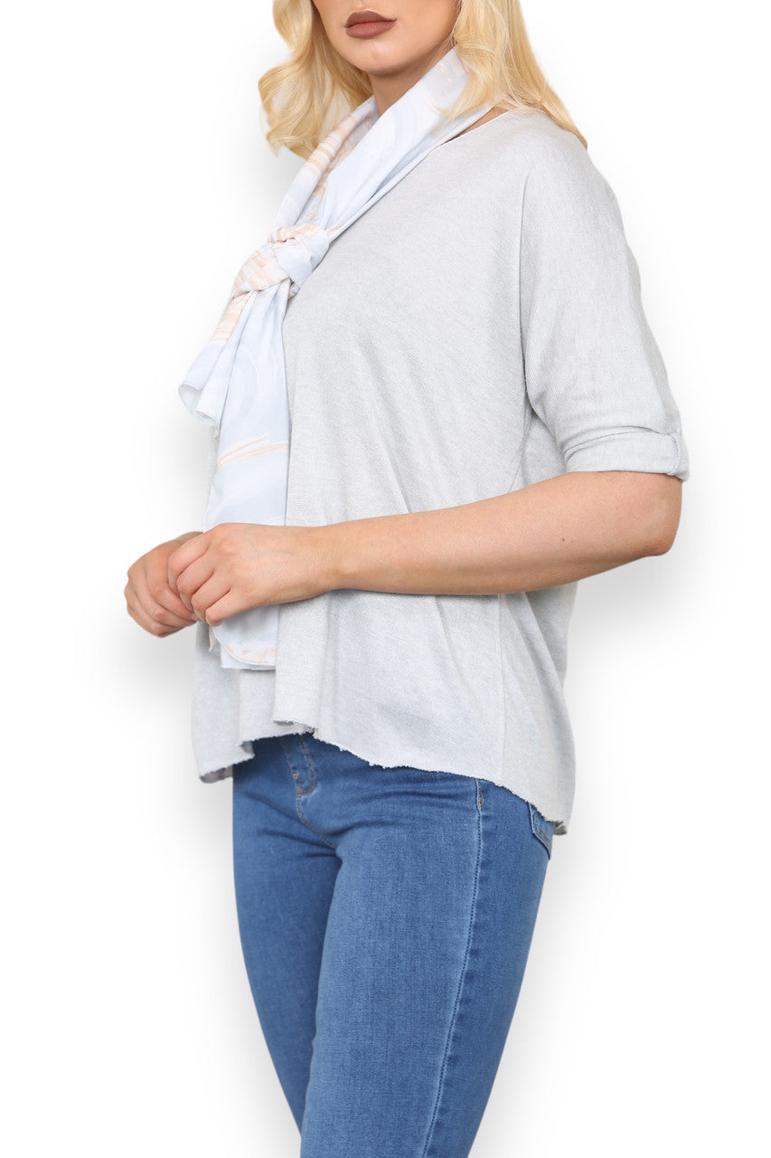 PLAIN FINE KNIT TOP WITH PRINTED SILKY SCARF SILVER GREY