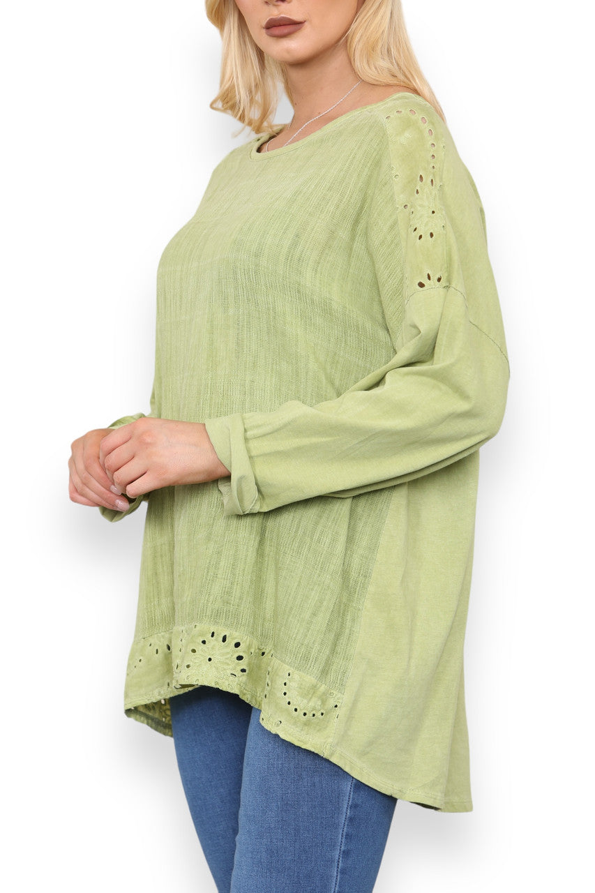 ANGLAISE SHOULDER & HEM DETAIL TOP LIME