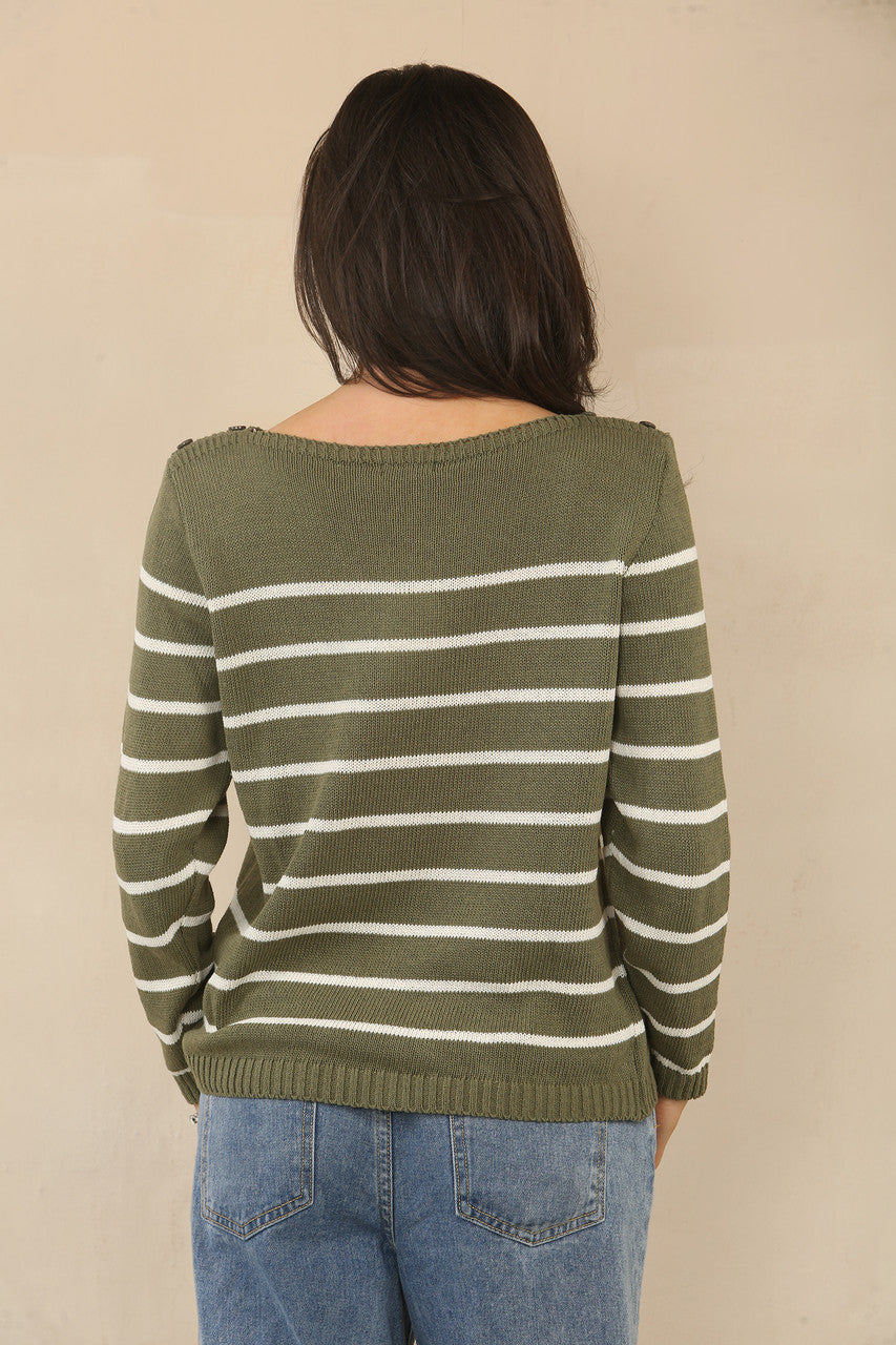 GEBREIDE STREEP TRUI MET LANGE MOUWEN - KHAKI/WIT