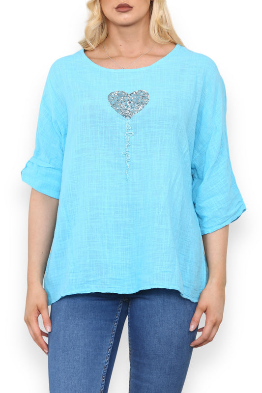 BALLOON HEART SEQUIN TOP TURQUOISE