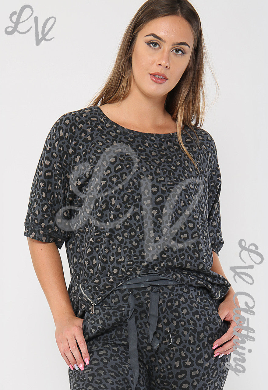 Ladies Animal Leopard Print Sweatshirt Top Charcoal - Unit Price £11.99