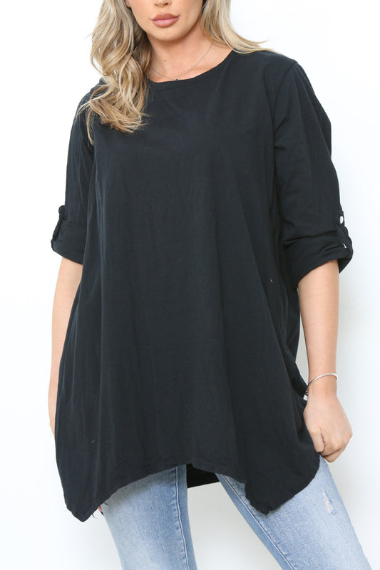 Ladies Plain Roll Up Sleeve T-Shirt Style Top Black