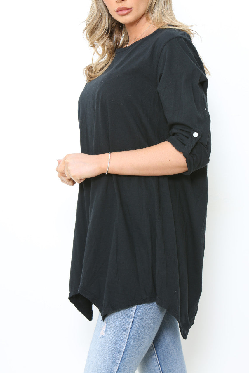 Dames Effen T-shirt Top Zwart Met Oprolbare Mouwen