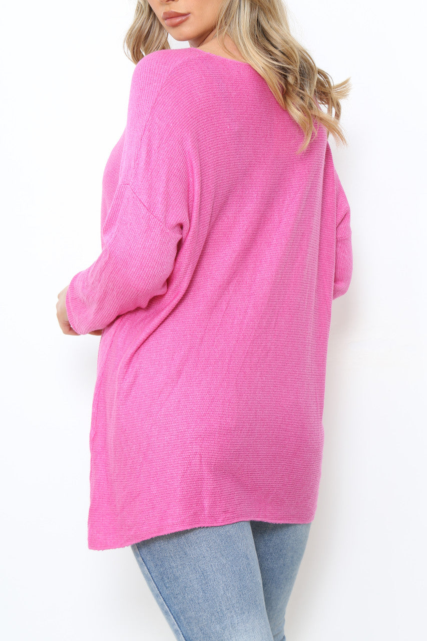 Ladies Plain Long Sleeve Fine Knit Jumper Top Cerise