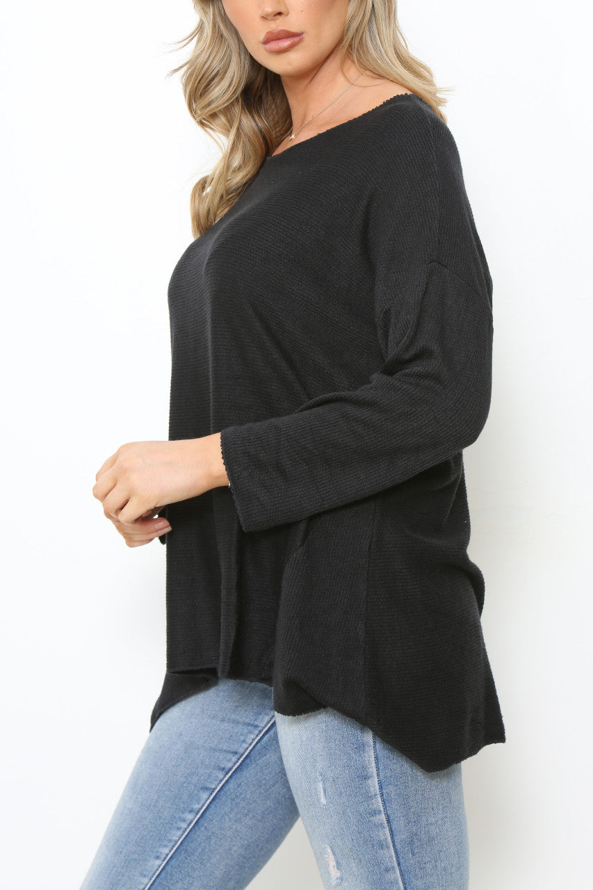 Ladies Plain Long Sleeve Fine Knit Jumper Top Black