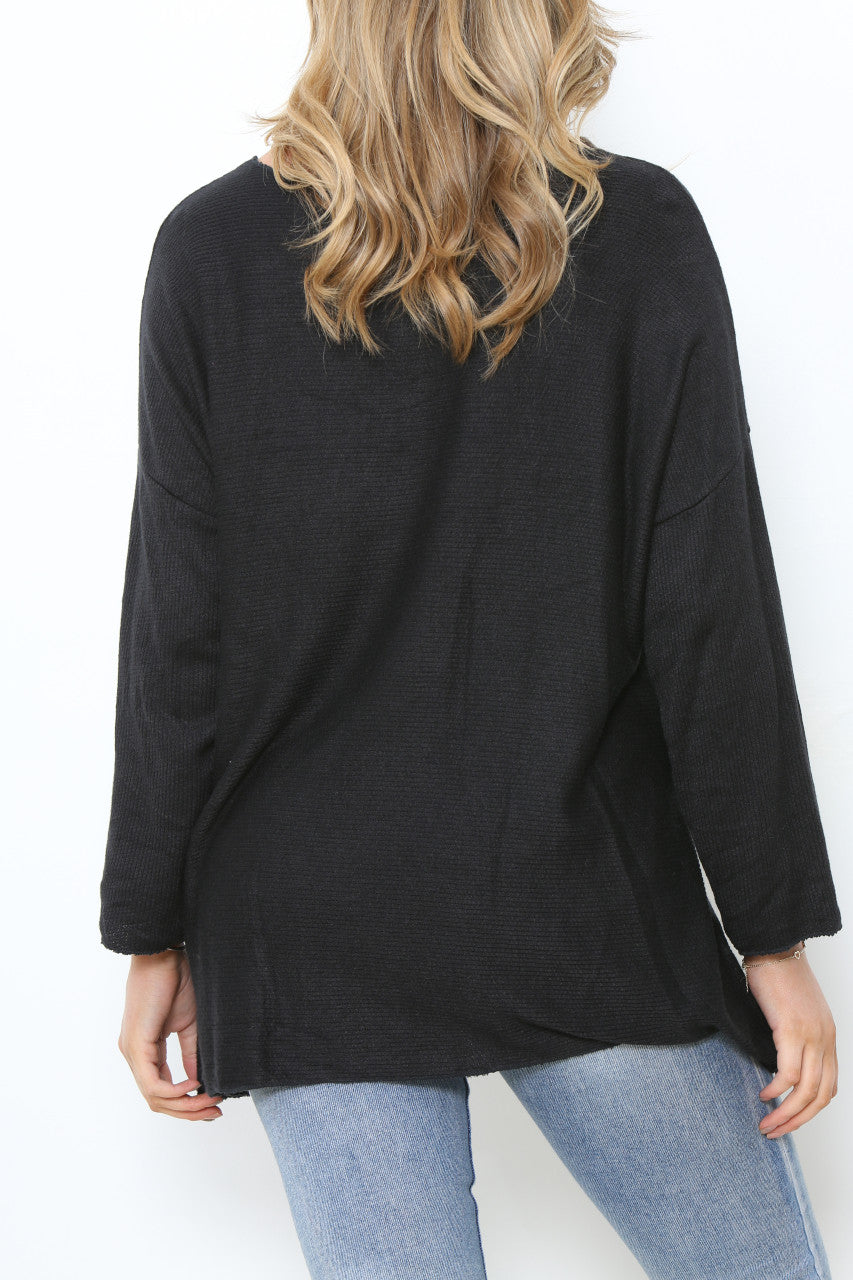 Ladies Plain Long Sleeve Fine Knit Jumper Top Black