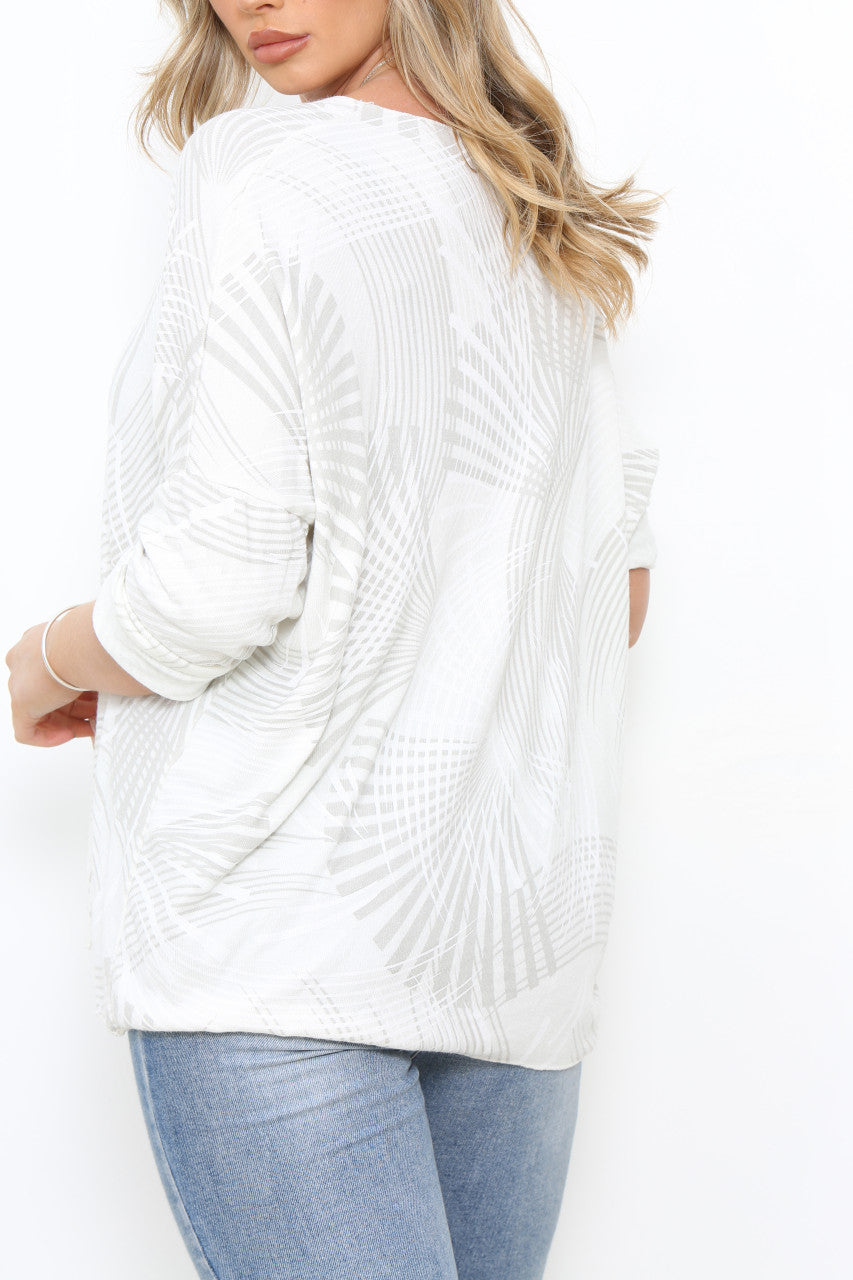 Ladies Fan Lines Print Fine Knit Jumper Top White