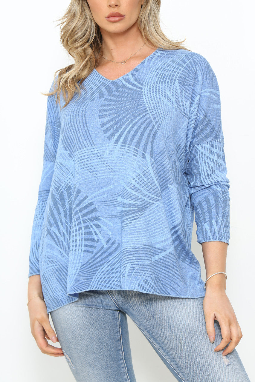 Ladies Fan Lines Print Fine Knit Jumper Top Blue