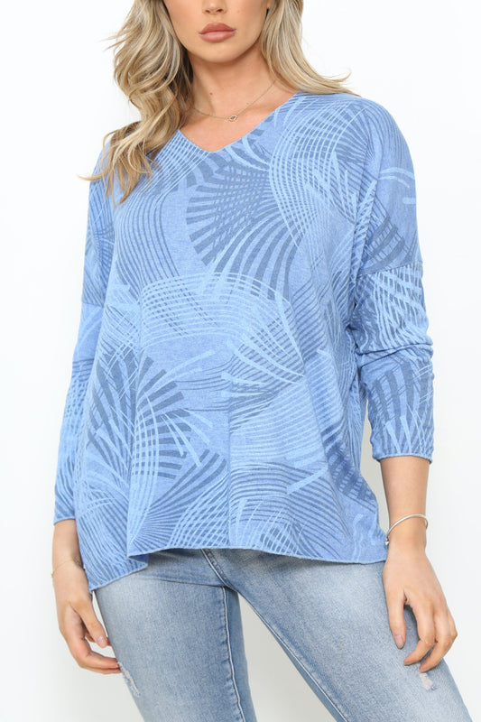 Ladies Fan Lines Print Fine Knit Jumper Top Blue