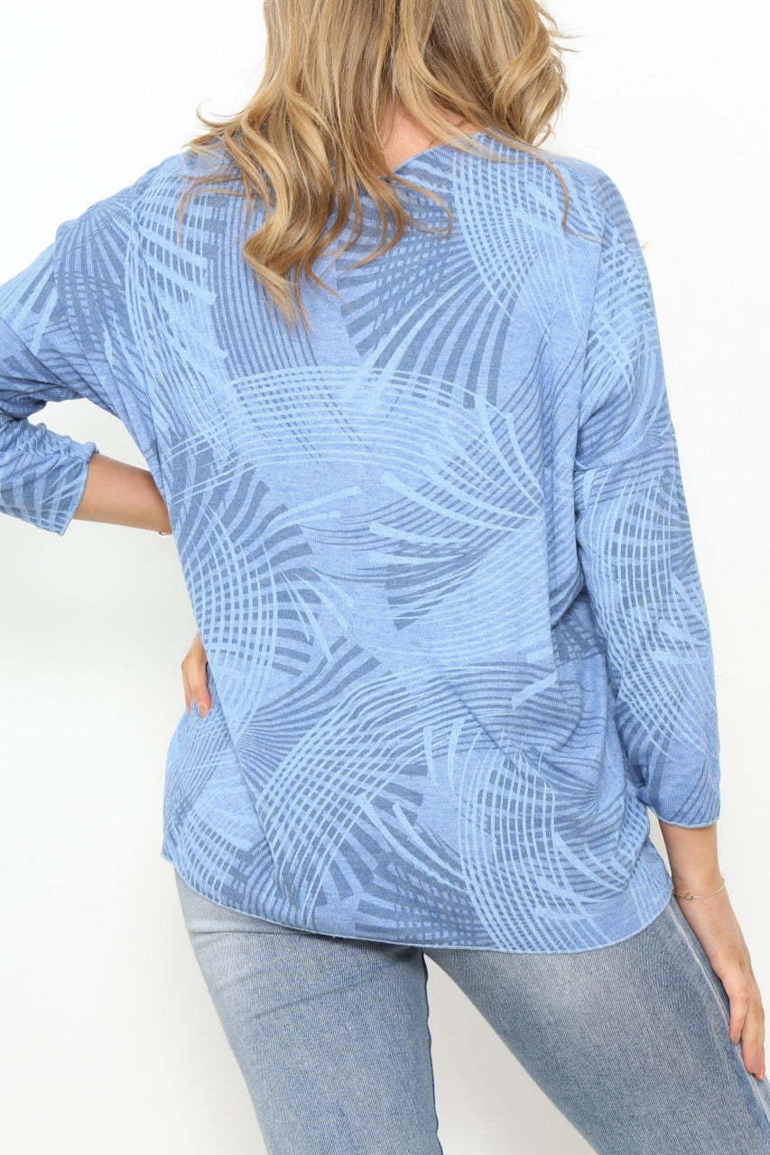 Ladies Fan Lines Print Fine Knit Jumper Top Blue