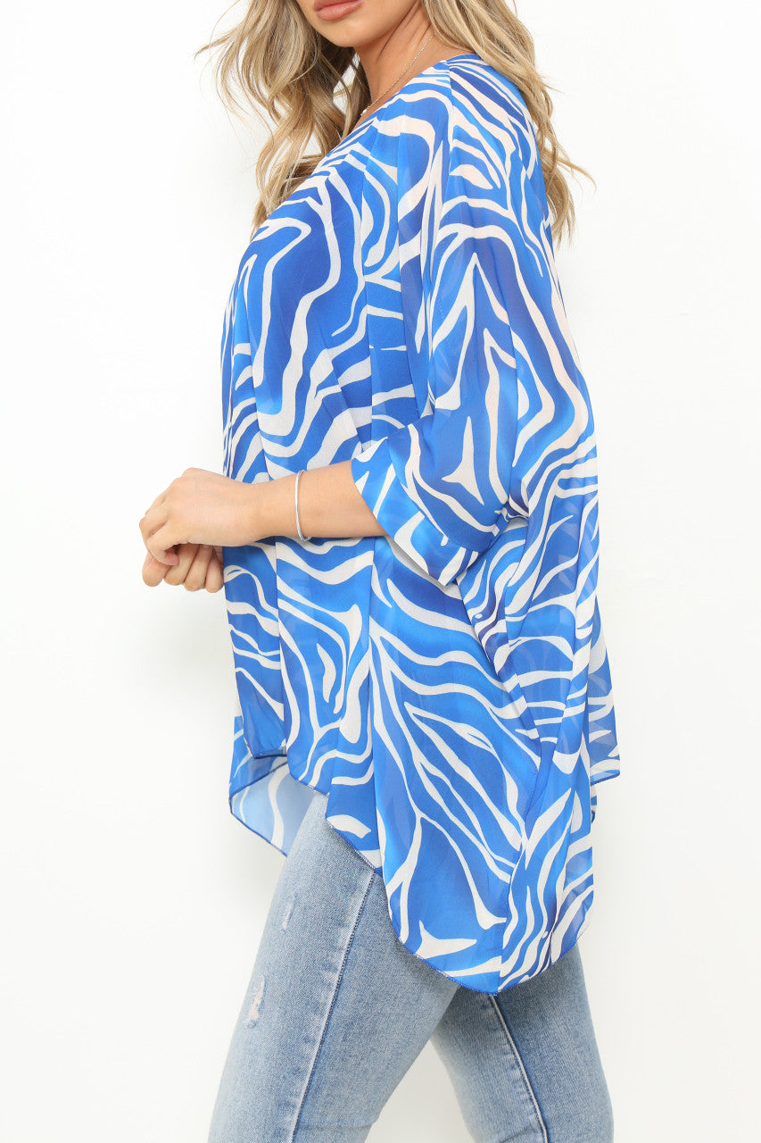 Ladies Zebra Print Batwing Blouse Top Royal Blue