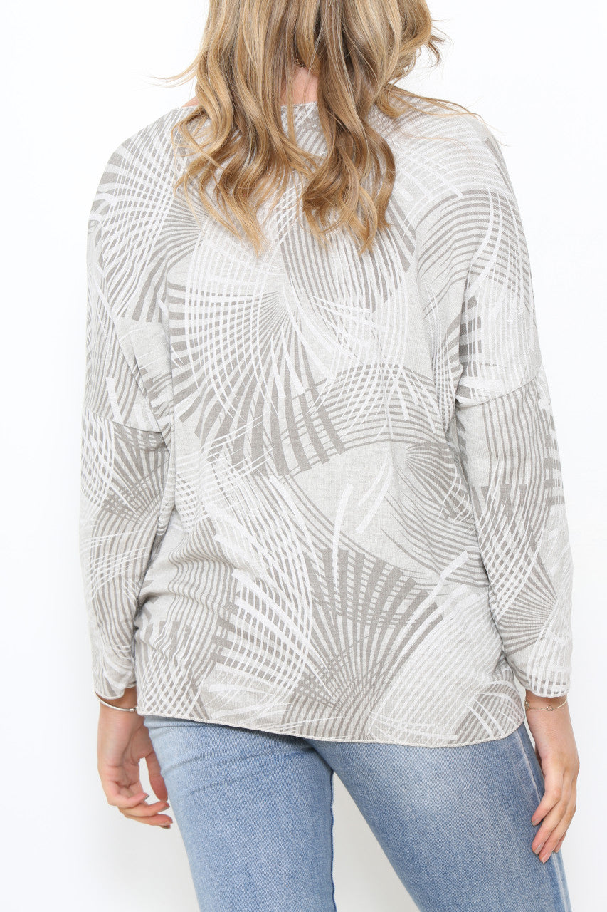 Dames Fan Lines Print Fijn Gebreide Trui Top Steen