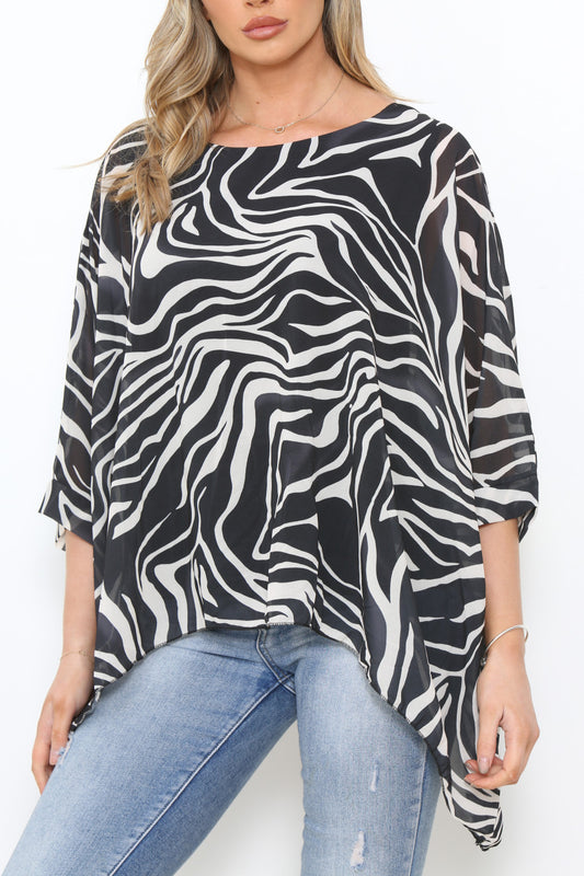 Dames Blouse met Zebraprint en Vleermuismouwen Zwart