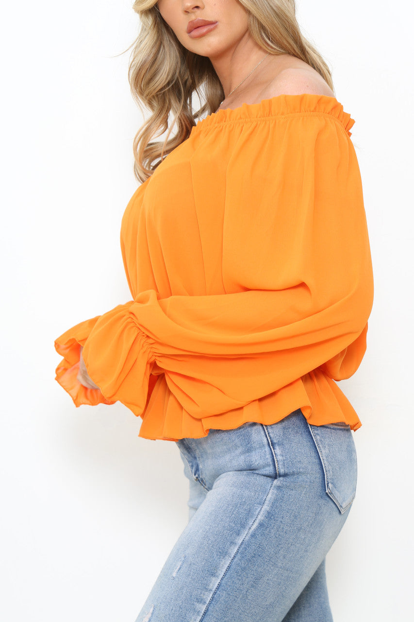 Ladies Bardot Frill Hem & Sleeves Blouse Top Orange