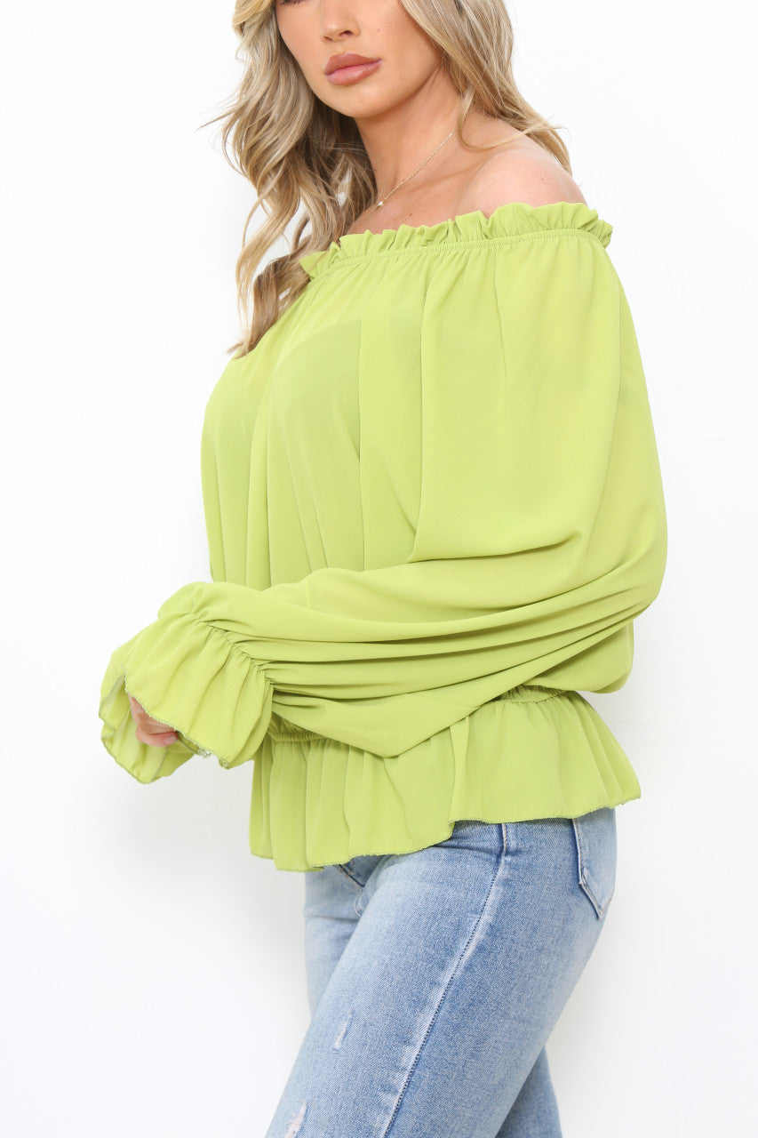 Dames Bardot Blouse Top met Ruches aan Zoom & Mouwen Limoengroen