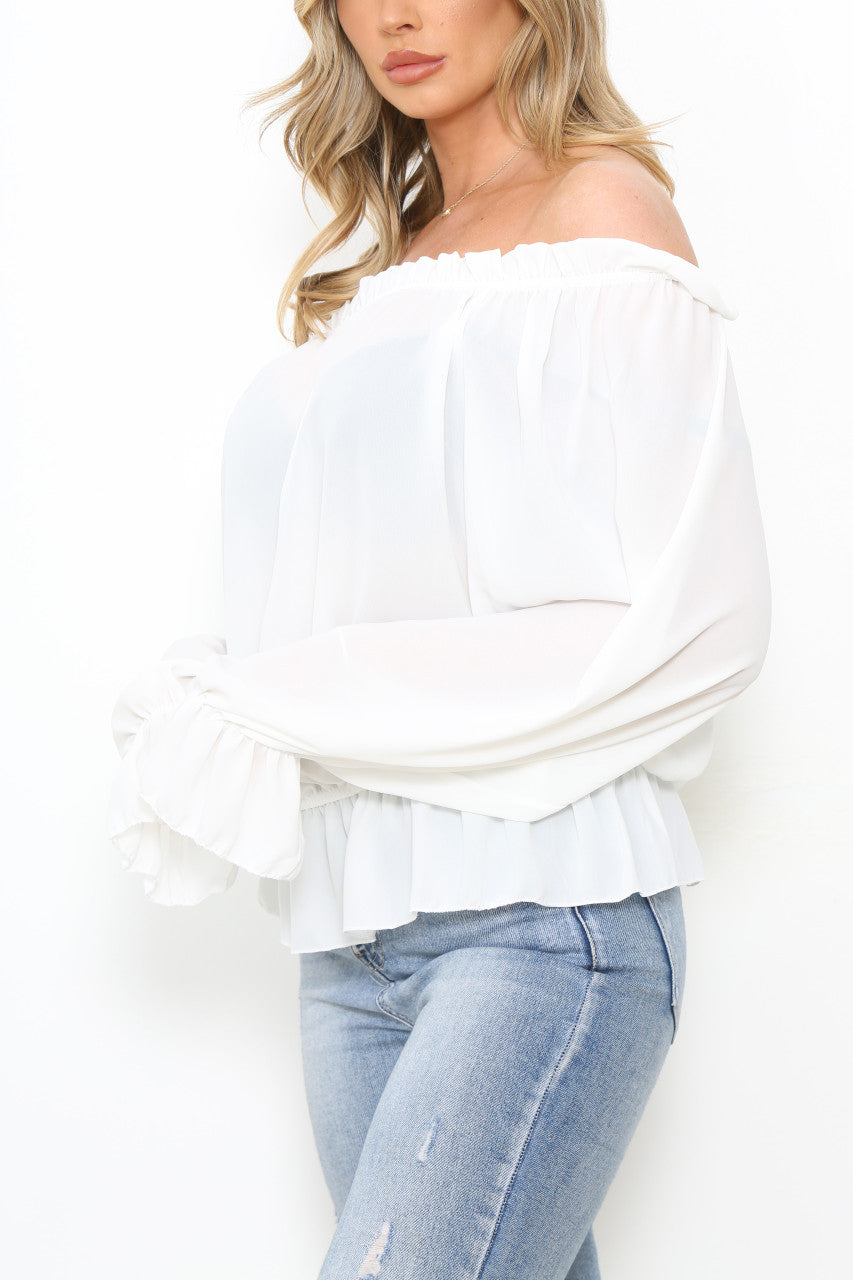Ladies Bardot Frill Hem & Sleeves Blouse Top White