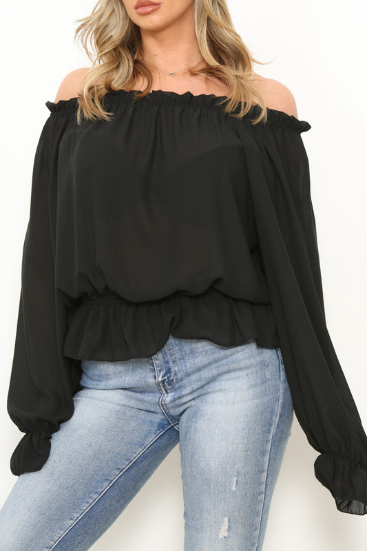 Ladies Bardot Frill Hem & Sleeves Blouse Top Black