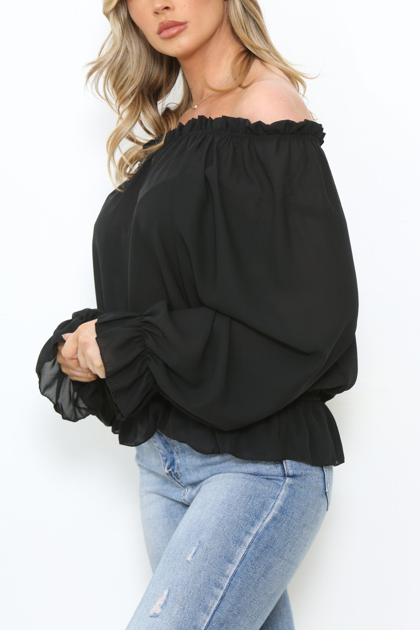 Ladies Bardot Frill Hem & Sleeves Blouse Top Black