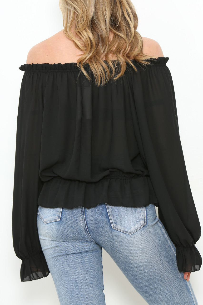 Ladies Bardot Frill Hem & Sleeves Blouse Top Black