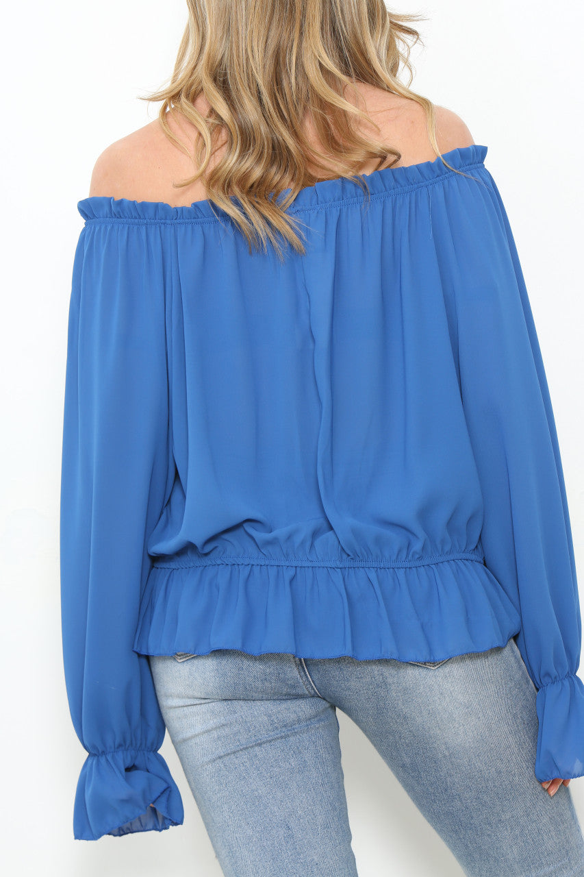 Dames Bardot Blouse Top met Ruffles aan Zoom & Mouwen Koningsblauw