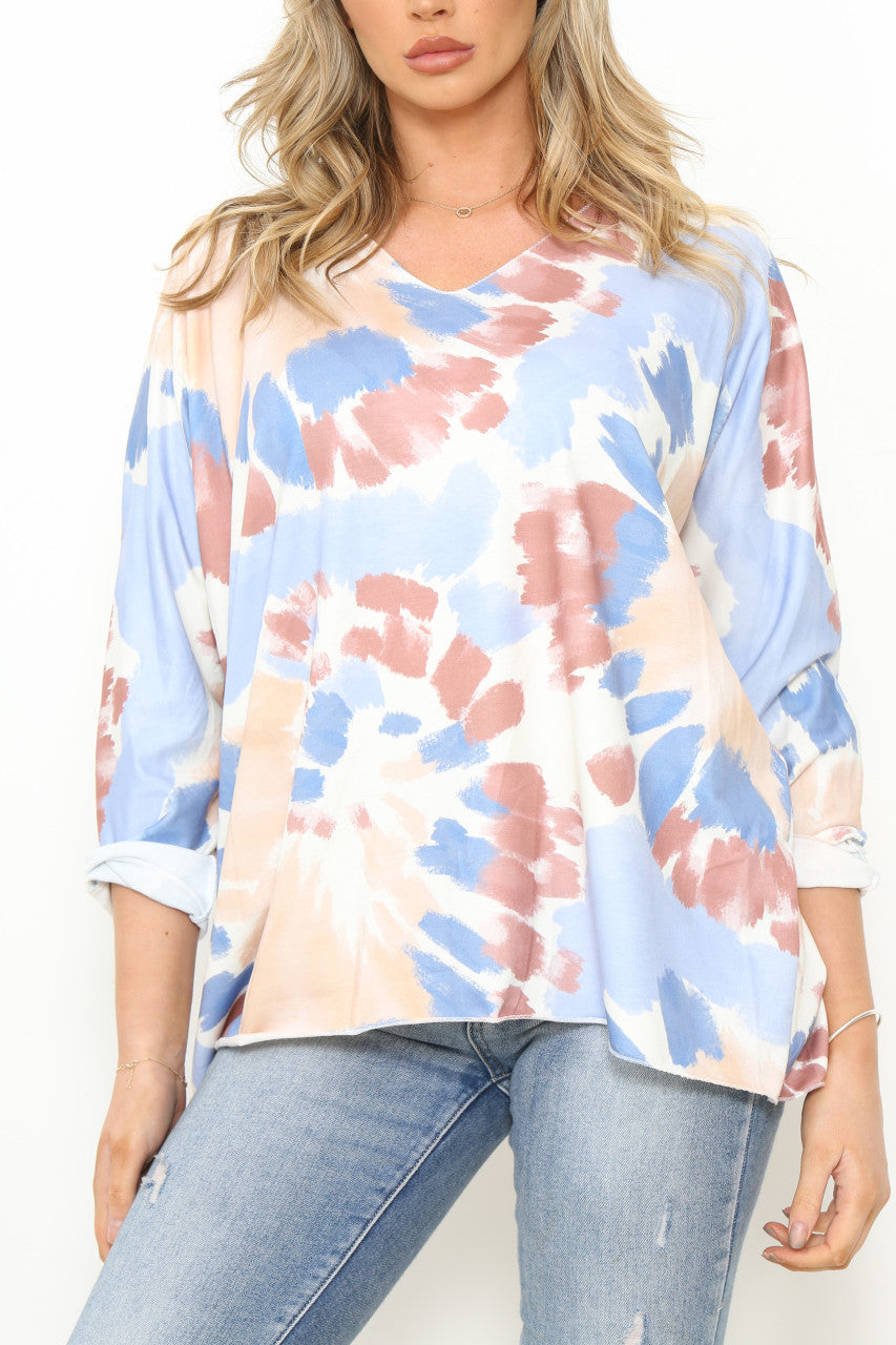 Ladies Tie Dye Watercolour Print Top Pastel Pink/Blue