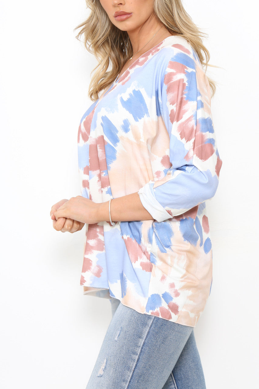 Ladies Tie Dye Watercolour Print Top Pastel Pink/Blue