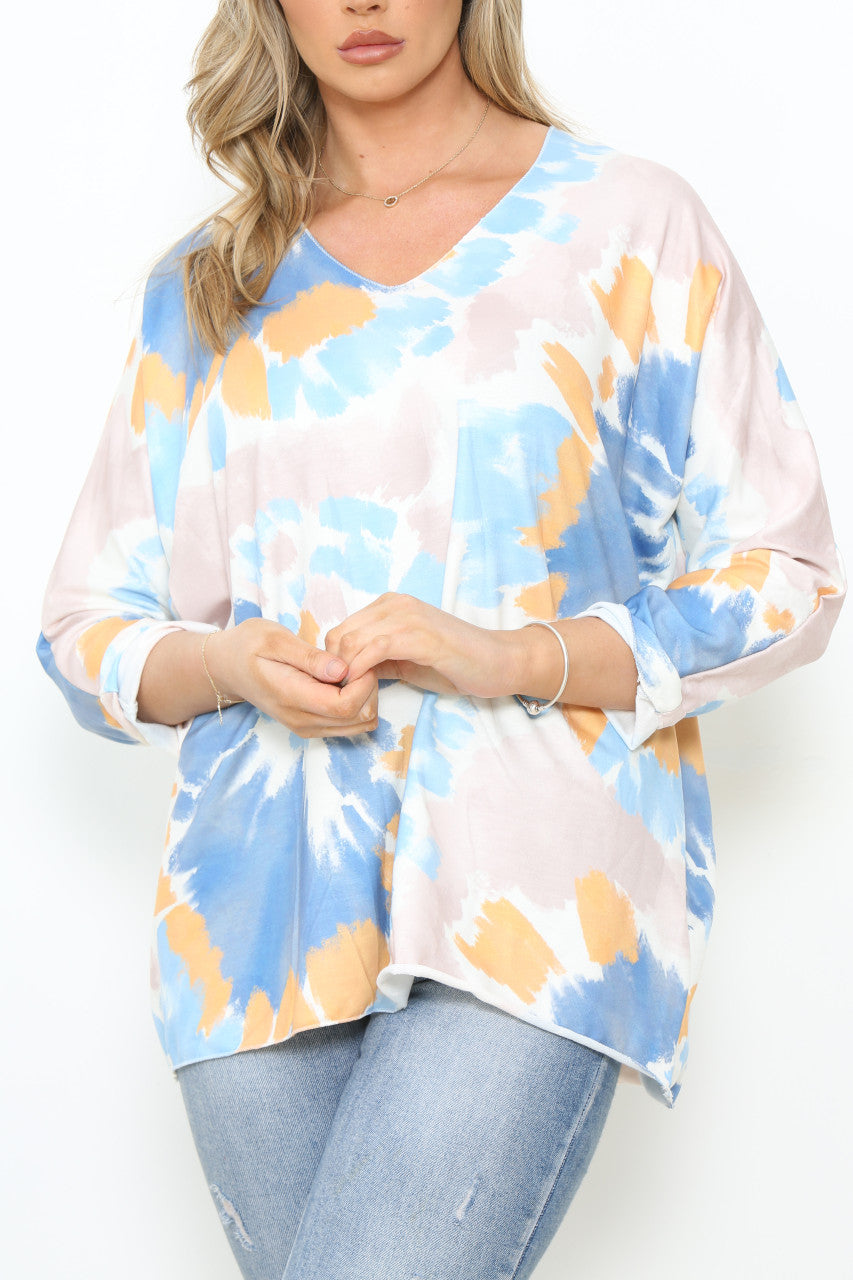 Ladies Tie Dye Watercolour Print Top Pastel Light Blue