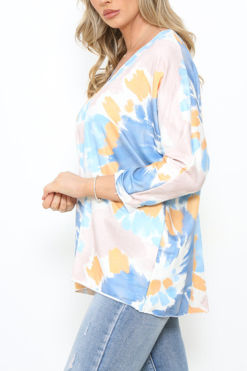Ladies Tie Dye Watercolour Print Top Pastel Light Blue