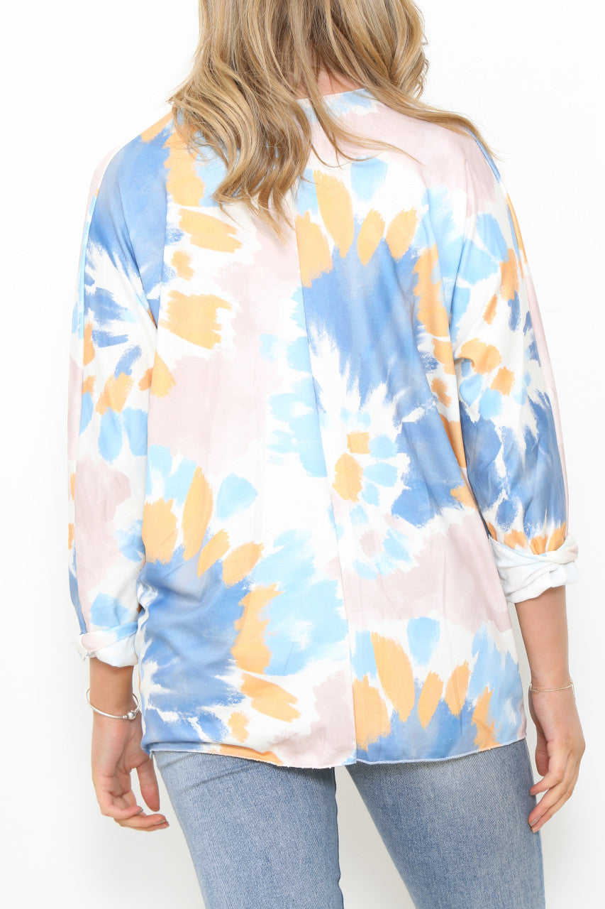 Ladies Tie Dye Watercolour Print Top Pastel Light Blue