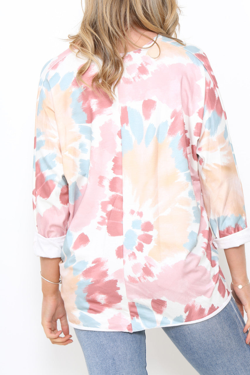 Ladies Tie Dye Watercolour Print Top Pastel Pink