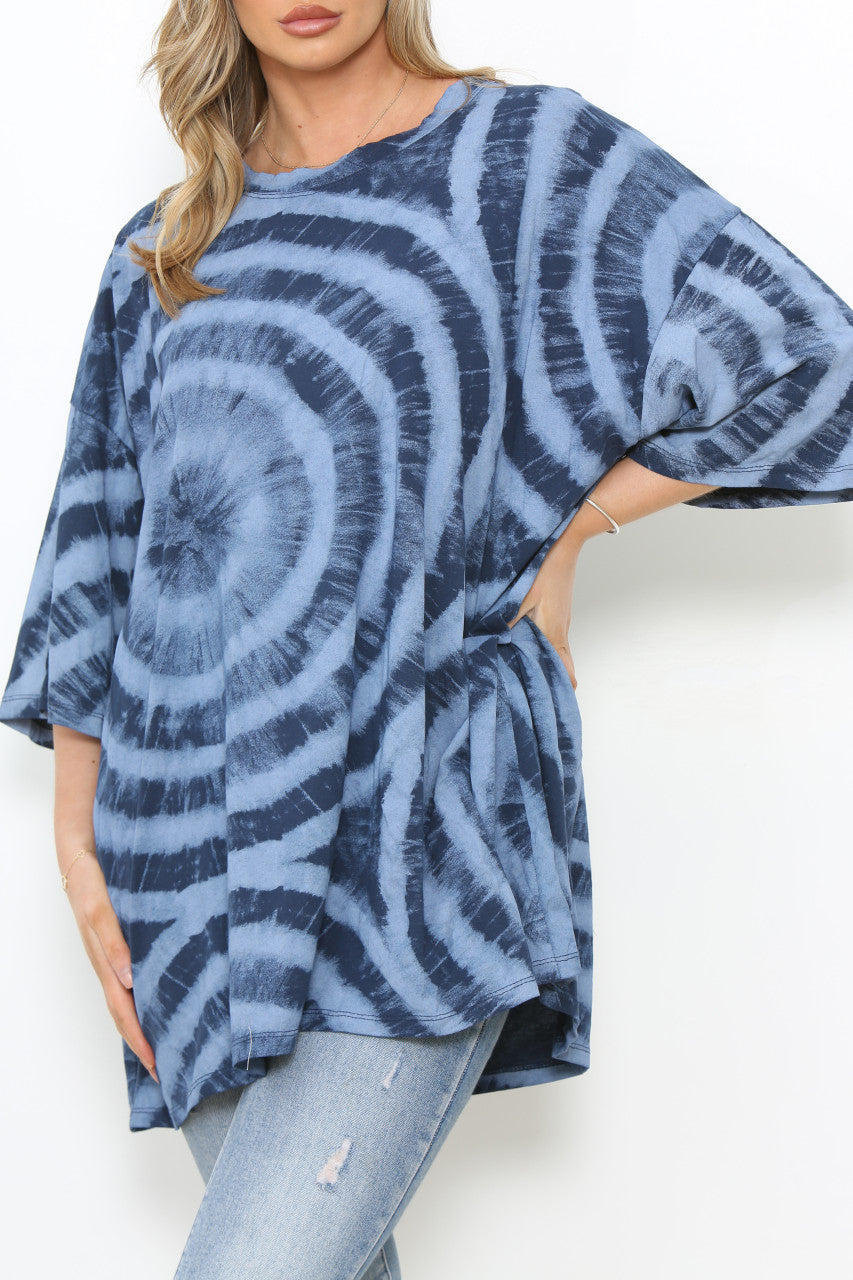 Ladies Tie Dye Print T-Shirt Style Top Navy