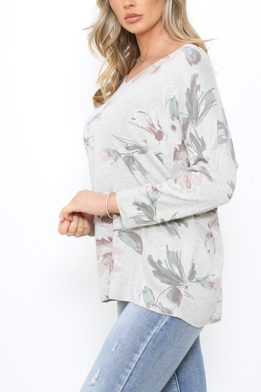 FADED FLOWER PRINT FINE KNIT JUMPER TOP  STONE
