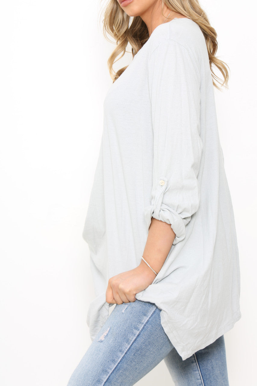Dames Effen T-shirt Top met Oprolmouwen Zilver