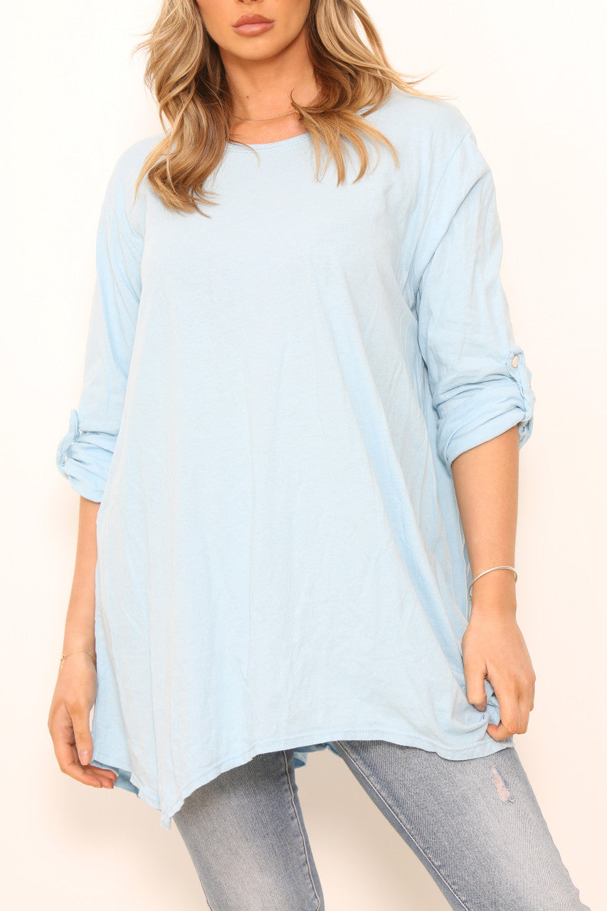 Ladies Plain Roll Up Sleeve T-Shirt Style Top Sky Blue