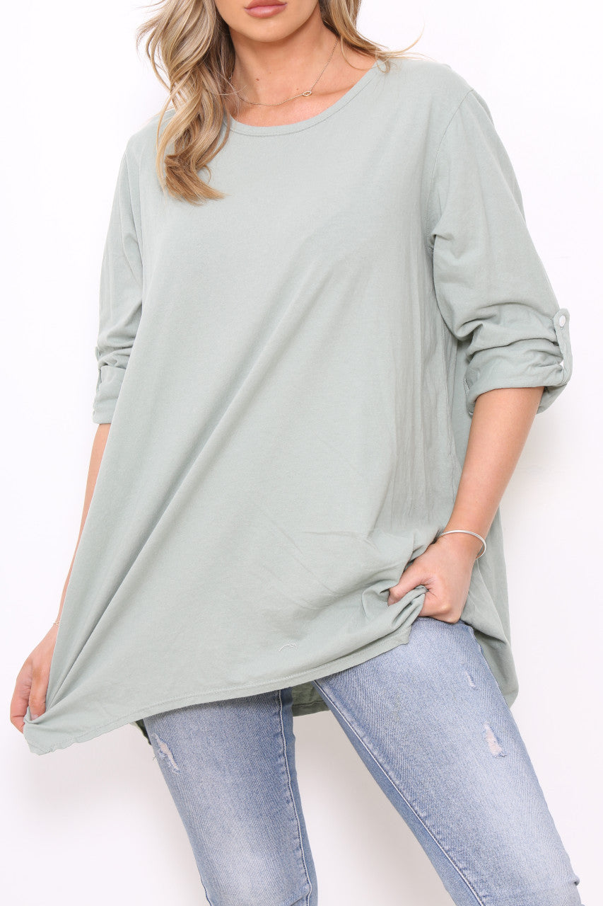 Ladies Plain Roll Up Sleeve T-Shirt Style Top Khaki