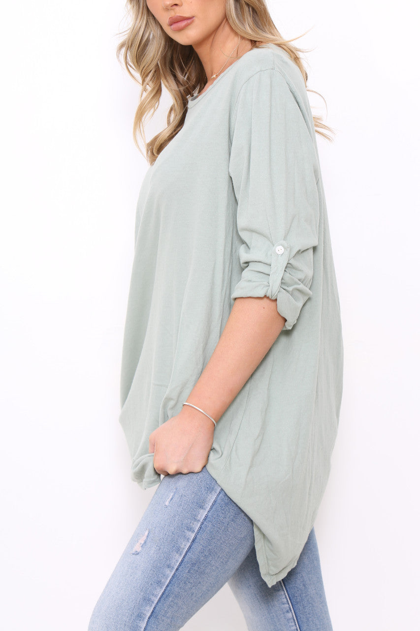 Ladies Plain Roll Up Sleeve T-Shirt Style Top Khaki